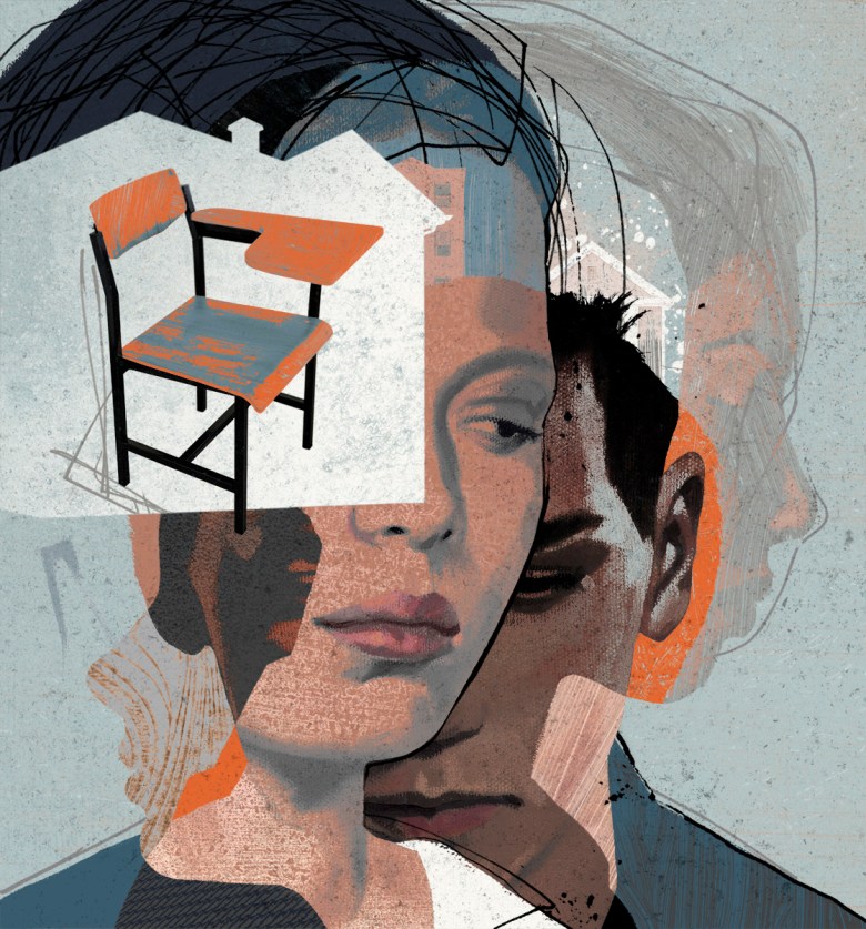 This is an illustration that shows several somber faces and a desk chair layered on top of one of the faces. 
