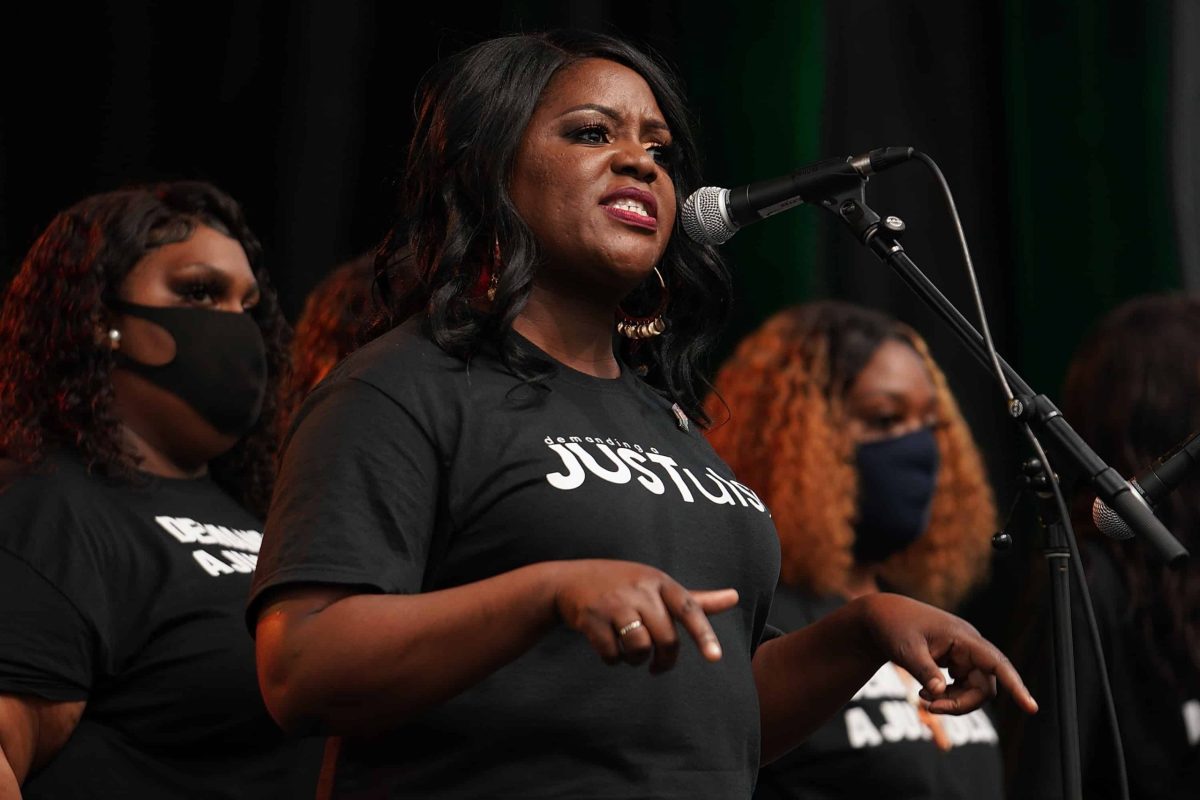 TULSA, OK - Dr. Tiffany Crutcher speaks during the Juneteenth celebration in the Greenwood District on June 19, 2020 in Tulsa, Oklahoma. Dr. Crutcher is the twin sister of Terence Crutcher who was killed by a Tulsa police officer in 2016. She is an advocate for police reform and racial justice. (Photo by Michael B. Thomas/Getty Images)