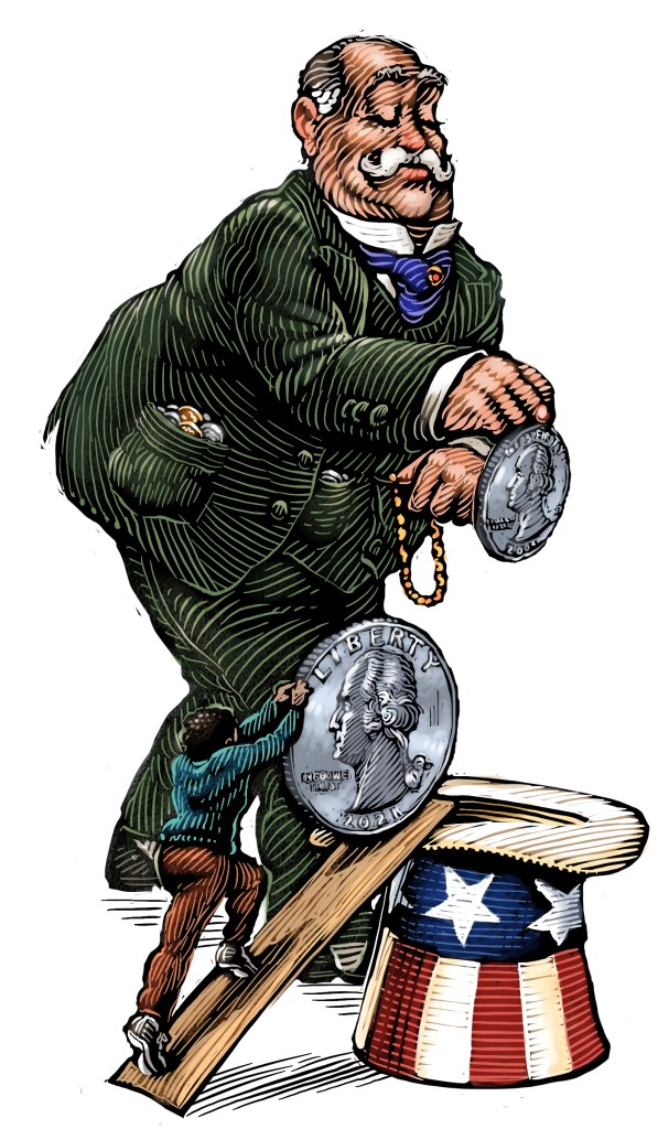 An illustration in drawing style shows a small person pushing a quarter as large as them up a plank to drop into an Uncle Sam hat while a very large man -- dressed well, pockets full of coins -- easily drops his quarter in.
