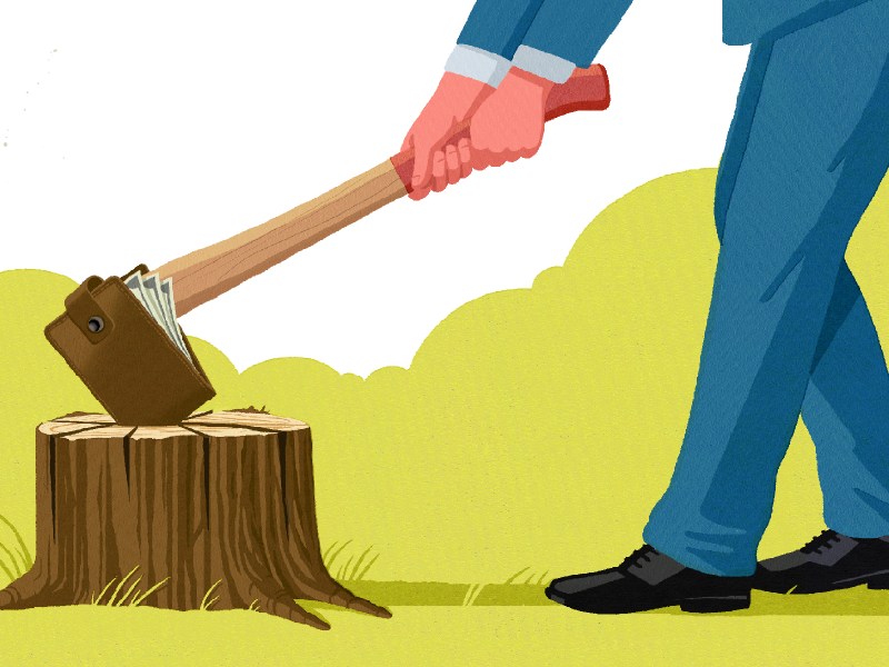This illustration shows a white man dressed in a blue suit using an axe made of a wallet as the metal piece to chop into a tree stump.