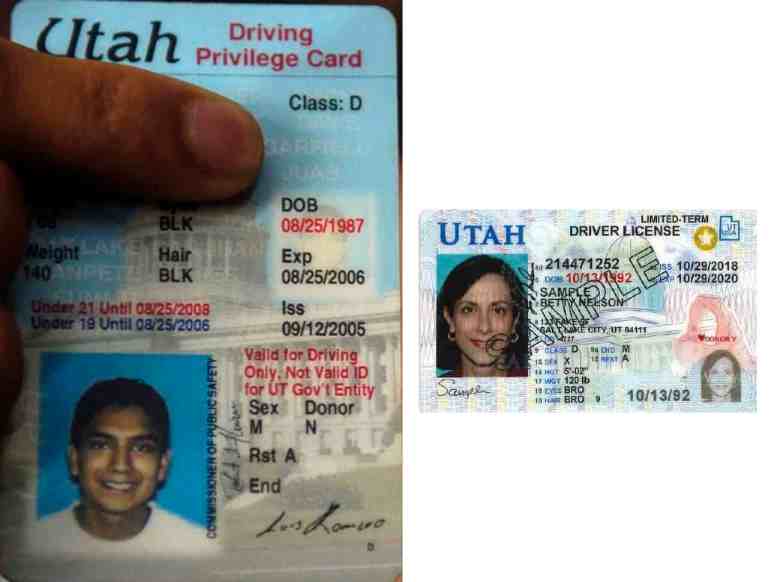 A Utah driving privilege card, shown on the left, displays the holders information differently and is taller than a Utah driver's license, shown on the right.