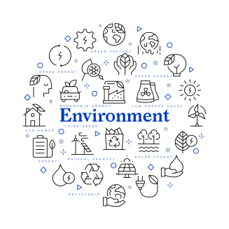 Circular logo that says environment with environmental logos surrounding it. 