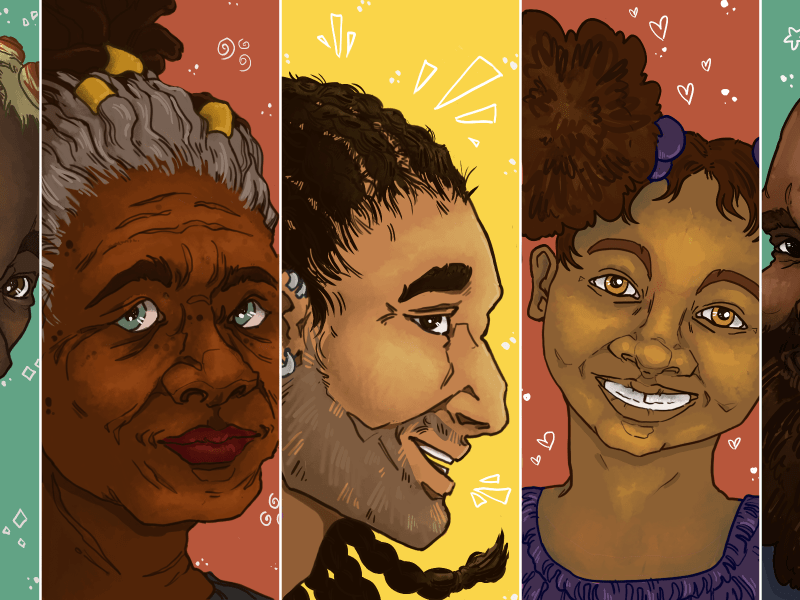 Illustration is a panel of five different faces of Black Americans.