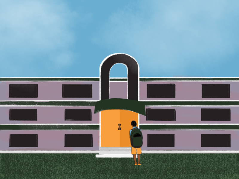 Illustration shows a student with a backpack looking at the doors of a school, in the shape of a padlock to symbolize that the student is locked out.