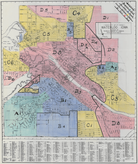 This map shows Waterloo, Iowa, divided up by colored blocks. It's an example of The federal Home Owners’ Loan Corp. discriminatory redlining maps.